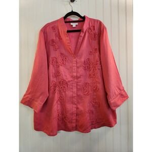 Charter Club Women's Bubblegum Pink 100% Linen Tunic Top Size 16W 3/4 Sleeve